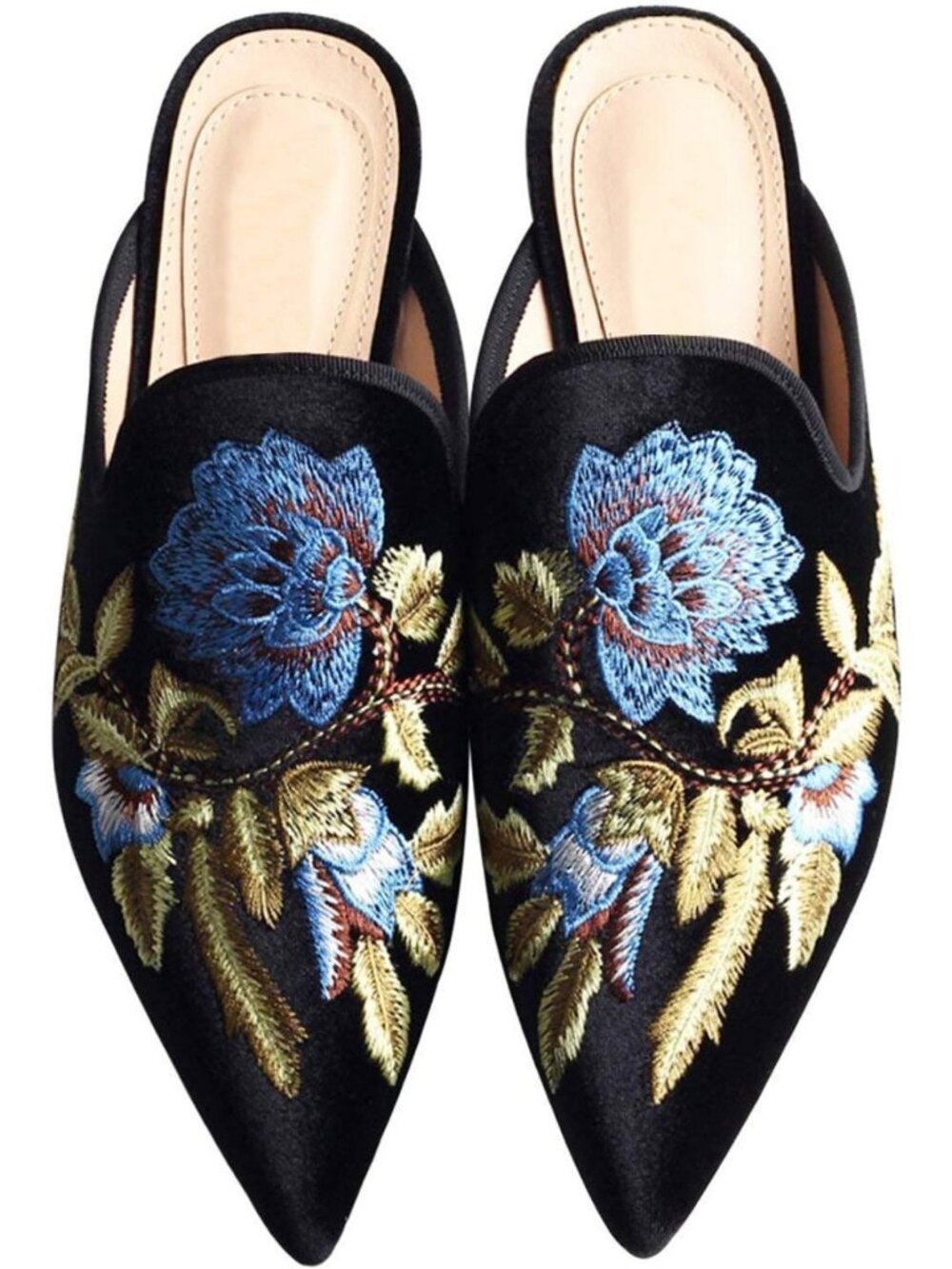 Velvet Backless Pointed Toe Loafers | Embroidered Mule Slippers for Women